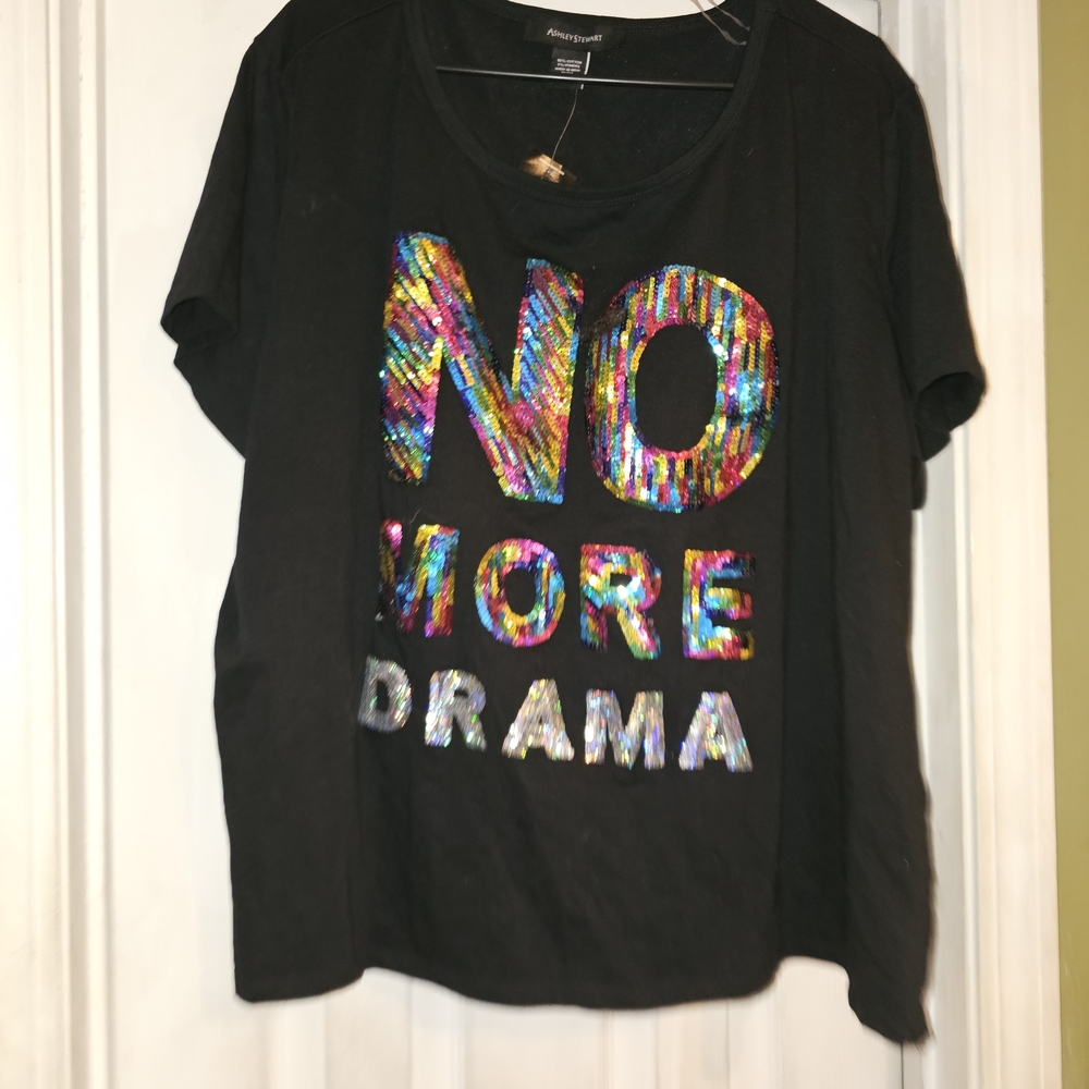 Ashley Stewart Black Tee with Colorful Sequin Letters